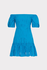 Butterfly Eyelet Off The Shoulder Dress - Blue