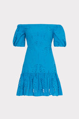 Butterfly Eyelet Off The Shoulder Dress - Blue