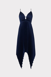 Joanna Pleated Satin Dress - Navy
