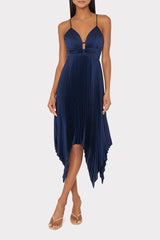 Joanna Pleated Satin Dress - Navy