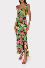 Tulip Rosette Ruffle Maxi Dress - Black Multi
