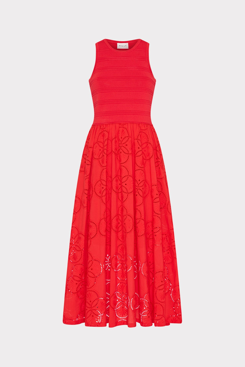 Geo Eyelet Knit Combo Midi Dress - Red
