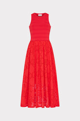Geo Eyelet Knit Combo Midi Dress - Red