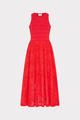 Geo Eyelet Knit Combo Midi Dress - Red