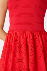 Geo Eyelet Knit Combo Midi Dress - Red