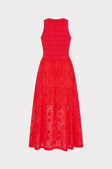 Geo Eyelet Knit Combo Midi Dress - Red