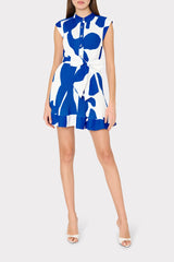 Joan Grand Foliage Pleated Dress - Blue/White