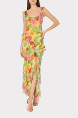 Tulip Rosette Ruffle Maxi Dress - Yellow Multi