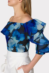 Watercolor Petals Organza Ruffle Top - Blue Multi