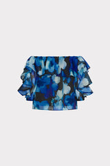 Watercolor Petals Organza Ruffle Top - Blue Multi