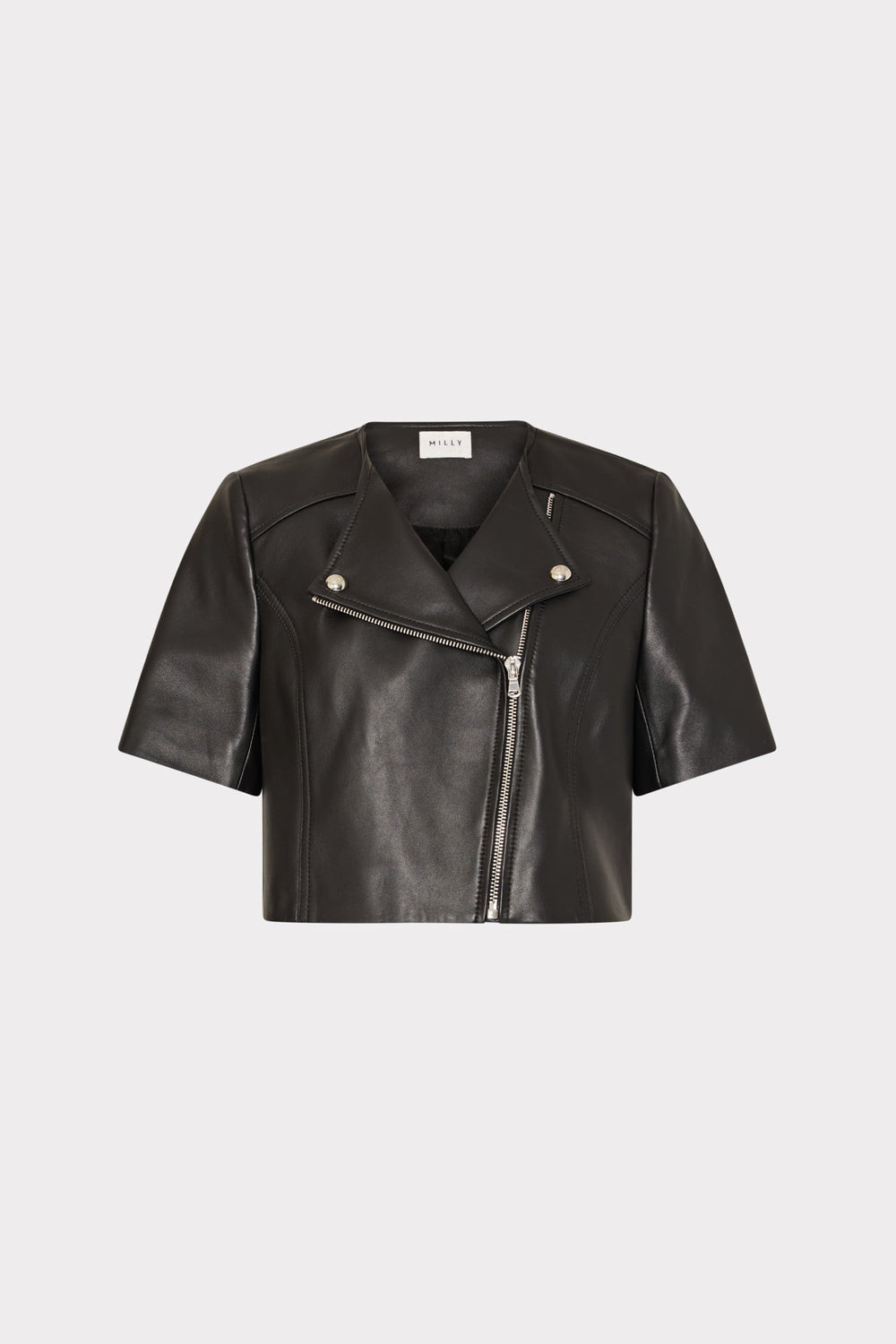 Cropped Short Sleeve Moto Jacket - Black