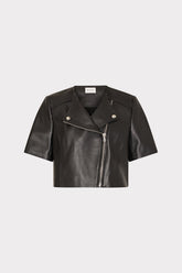Cropped Short Sleeve Moto Jacket - Black
