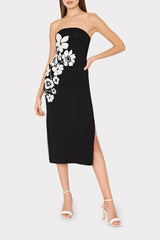 Placed Floral Strapless Knit Midi Dress - Black/Ecru