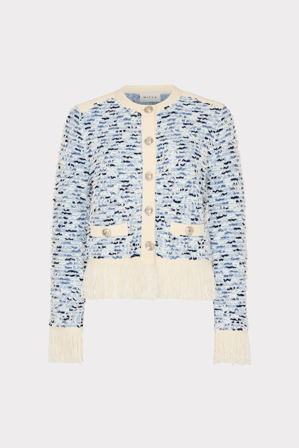 Textured Fringe Trim Cardigan - Blue Multi