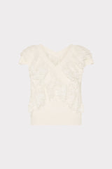 Lace Ruffle Knit V-Neck Top - Ecru