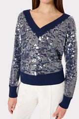 Ilaria Sequin V-Neck Sweater - Navy