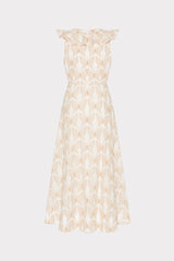 Butterfly Eyelet Ruffle Midi Dress - White/Tan
