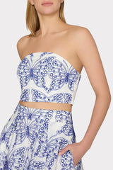 Butterfly Eyelet Strapless Crop Top - White/Blue