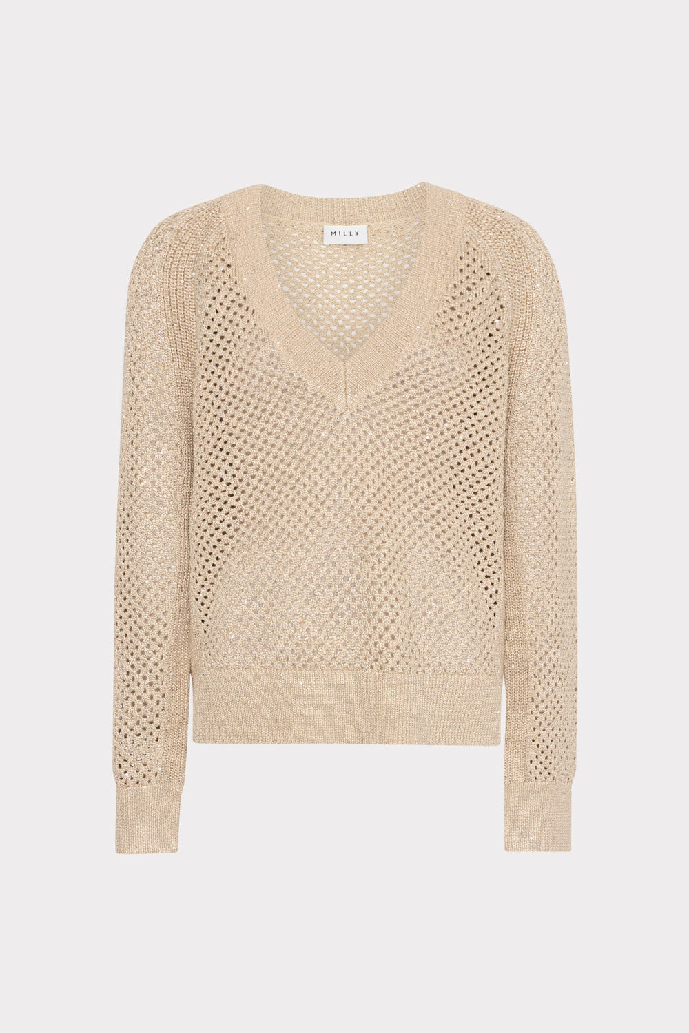 Sequin Mesh V-Neck Sweater - Beige