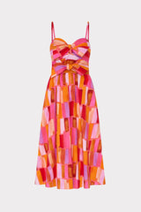 Natasha Sunset Tile Poplin Bow Midi Dress - Pink Multi
