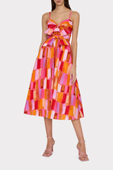 Natasha Sunset Tile Poplin Bow Midi Dress - Pink Multi