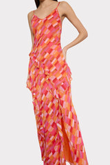 Sunset Tile Ruffle Maxi Dress - Pink Multi