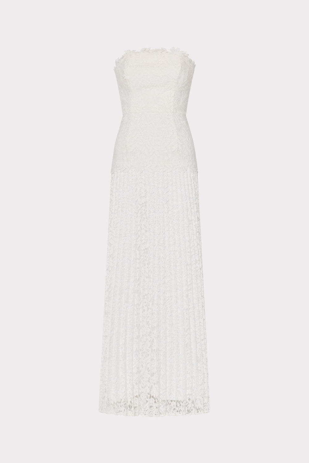 Norelle Strapless Mixed Laces Pleated Maxi Dress - White