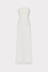 Norelle Strapless Mixed Laces Pleated Maxi Dress - White