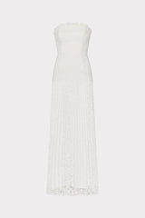 Norelle Strapless Mixed Laces Pleated Maxi Dress - White