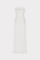 Norelle Strapless Mixed Laces Pleated Maxi Dress - White