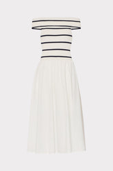 Off The Shoulder Stripe Knit Poplin Midi Dress - Ecru/Navy