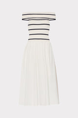Off The Shoulder Stripe Knit Poplin Midi Dress - Ecru/Navy