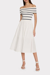 Off The Shoulder Stripe Knit Poplin Midi Dress - Ecru/Navy