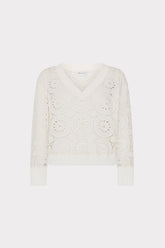 V-Neck Embroidery Knit Detail Top - Ecru