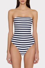 Nautical Metallic Stripe Strapless One Piece - Navy/White