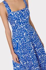 Nia Blue Rose Poplin Midi Dress - Blue/White