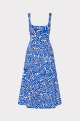 Nia Blue Rose Poplin Midi Dress - Blue/White