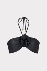 Floral Applique Halter Bikini Top - Black
