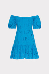 Butterfly Eyelet Off The Shoulder Dress - Blue