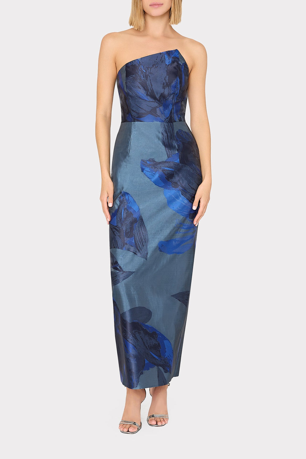 Asymmetrical Forest Jacquard Maxi Dress - Navy Multi
