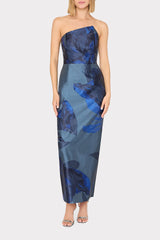 Asymmetrical Forest Jacquard Maxi Dress - Navy Multi
