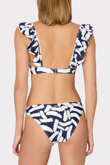 Italian Graphic Brushstroke Ruffle Bikini Top - Navy/Ecru