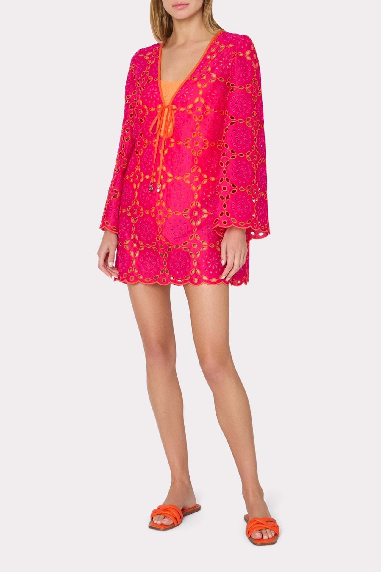 Viara Two Tone Geo Eyelet Cover-Up Dress - Pink/Coral
