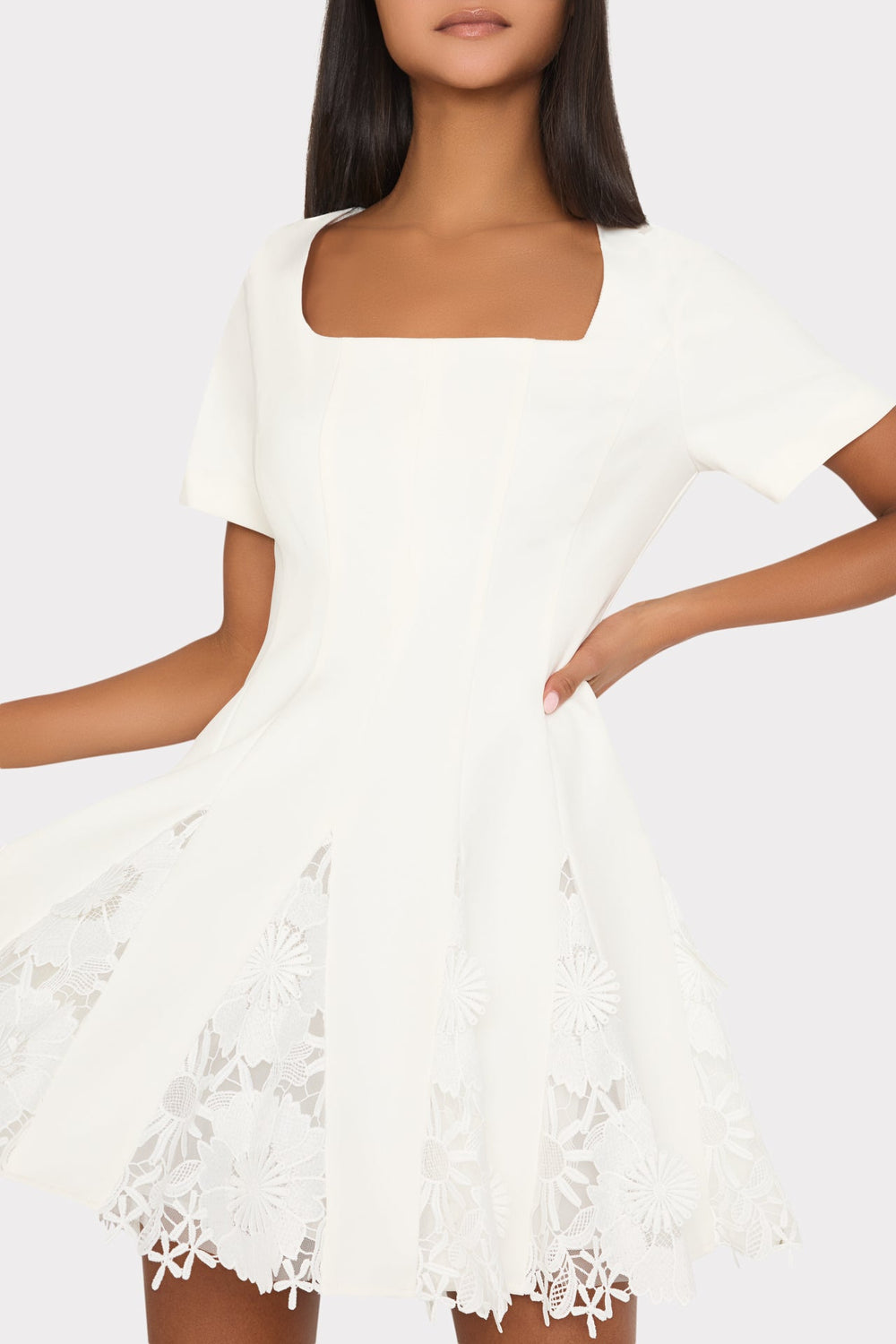 Joy Lace Combo Mini Godet Dress - White