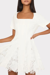 Joy Lace Combo Mini Godet Dress - White