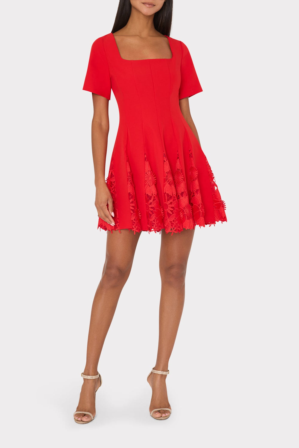Joy Lace Combo Mini Godet Dress - Red