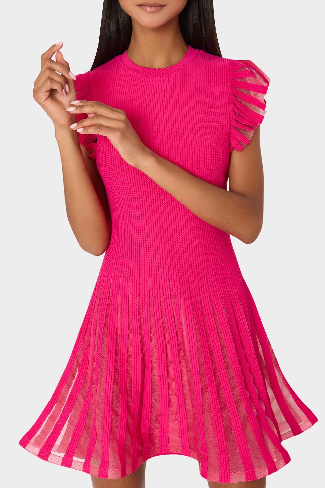 Sheer Flutter Sleeve Knit Mini Dress - Pink