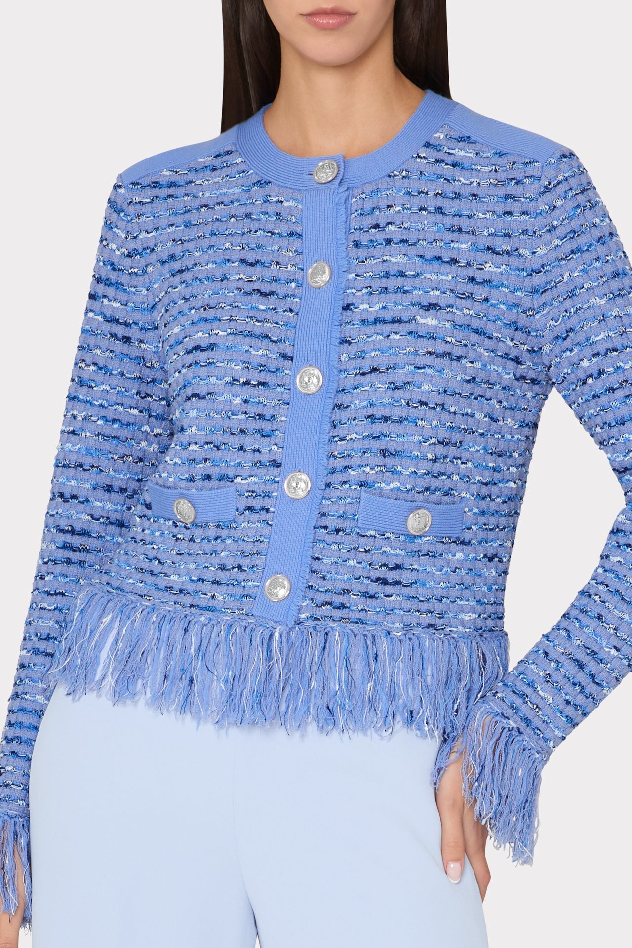 Fringe Trim Cardigan - Blue