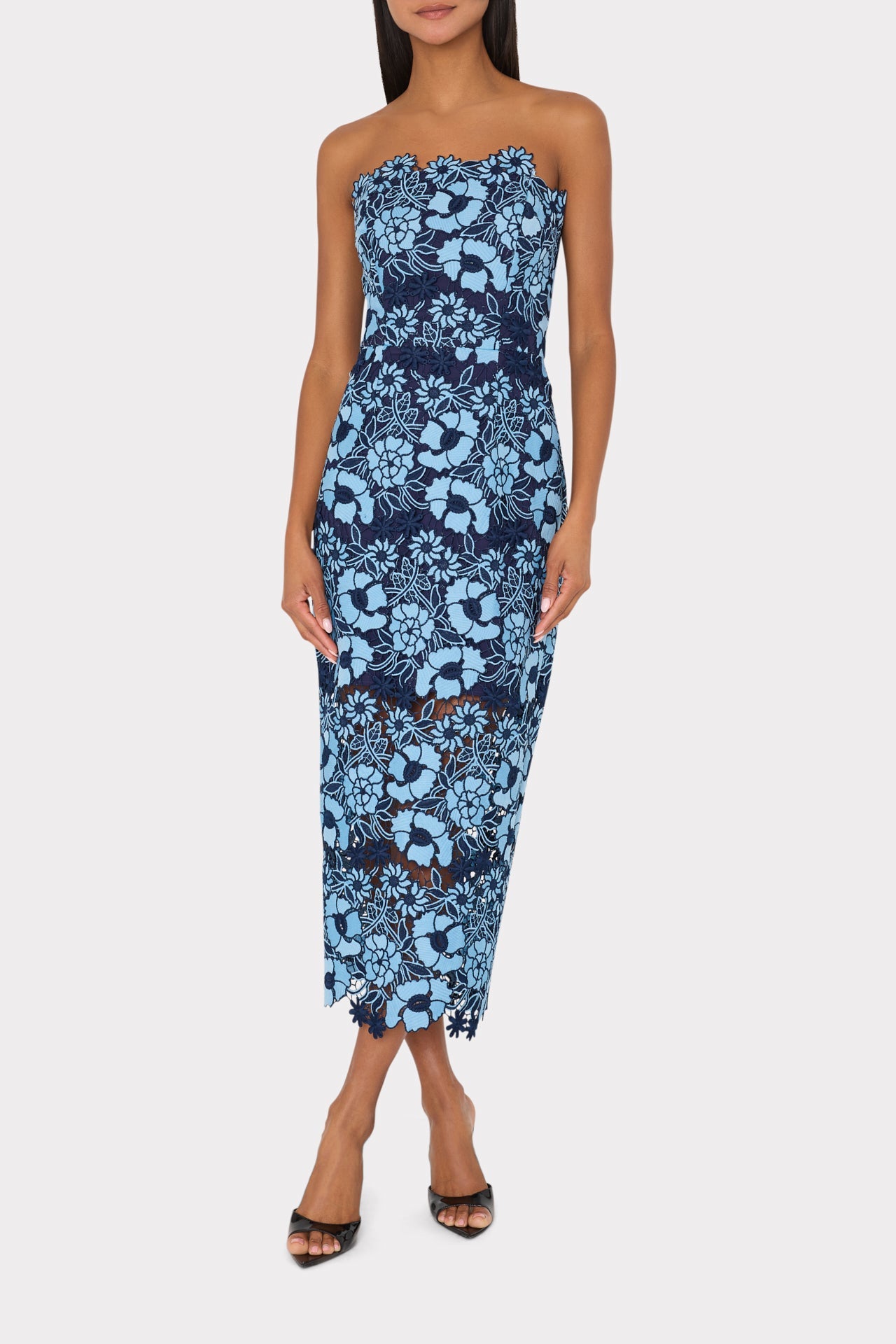 Kait Two Tone Floral Lace Midi Dress - Blue/Navy