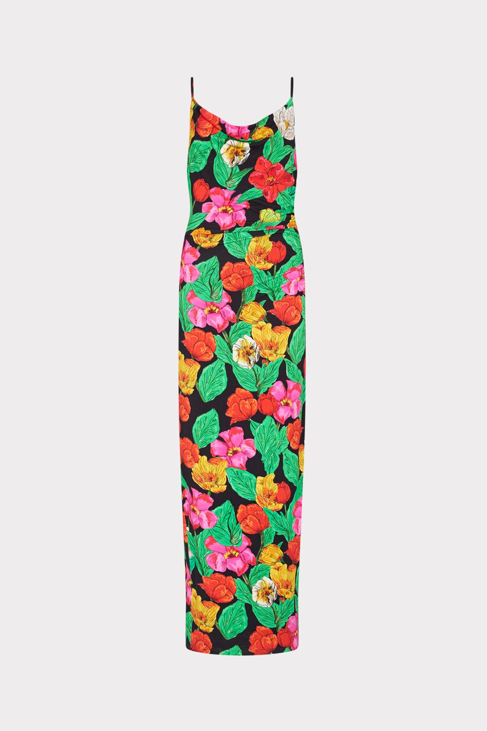 Tulip Rosette Ruched Cowl Neck Midi Dress - Black Multi